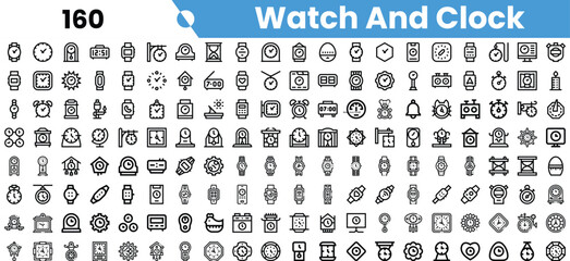 A diverse collection of black and white icons depicting various watches and clocks, showcasing different styles and functionalities.