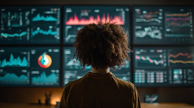 Businesswoman Analyzing Financial Data Graphs Charts Stock Market Investment Strategy Technology Data Analytics Financial Report Screen Display Modern Workplace Professional       