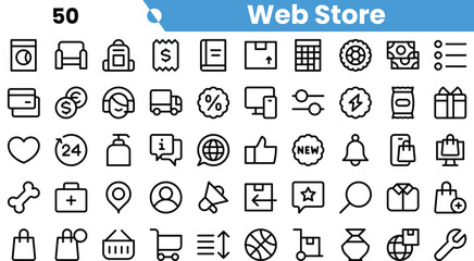 A collection of minimalistic icons representing various elements of a web store, including shopping, finance, and customer service.