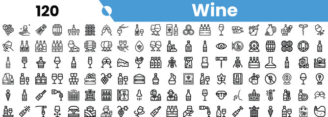 A stylish set of wine-themed icons, featuring bottles, glasses, and accessories in a minimalist black line design.
