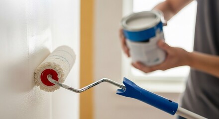 Painting a wall with a paint roller, showcasing a home improvement project
