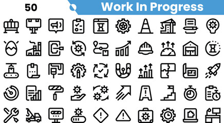 A diverse collection of icons representing 'Work In Progress' themes including construction, technology, and improvement.