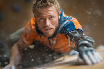 Climber with prosthetic arm stretches for a foothold on smooth rock surface. Energetic activity in vibrant indoor climbing gym. Concept of adaptive sports, fitness, and perseverance