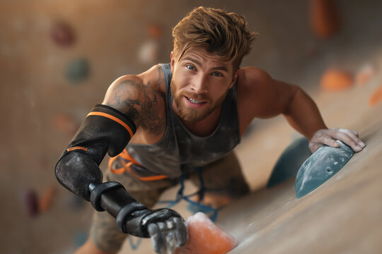Man scales indoor rock wall with prosthetic arm, demonstrating strength and focus. Brightly colored climbing holds against a neutral background. Concept of adaptive sports, fitness, motivation