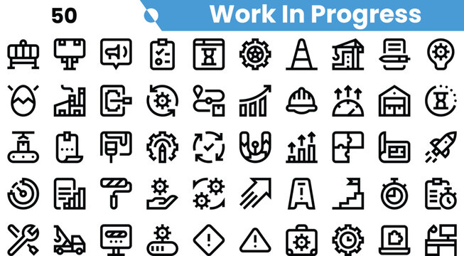 A diverse collection of icons representing 'Work In Progress' themes including construction, technology, and improvement.