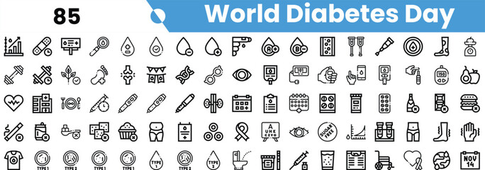 A collection of black and white icons representing World Diabetes Day, including health monitoring, nutrition, and exercise themes.