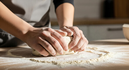 Hands kneading dough on a floured wooden surface in a kitchen setting with natural lighting present