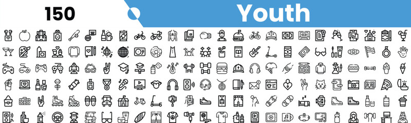 A vibrant collection of youth-themed icons displaying various activities and interests.