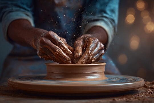 Hands skillfully mold clay on a pottery wheel in an artistic studio filled with warmth and creativity. Soft lighting enhances the cozy, inviting mood. Concept of ceramics, artistry, craftsmanship