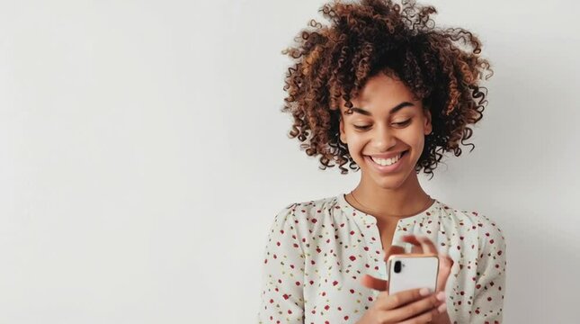 Connected & Contented: A radiant woman gazes with a heartwarming smile at her mobile phone. Capturing connection, digital contentment, and a moment of shared joy.