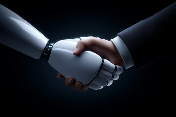 Robotic hand shakes human hand in dark environment showcasing partnership between technology and humanity. Concept of innovation, technology consulting, robotics development