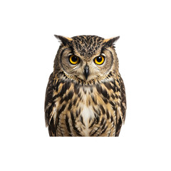 Obraz premium Close-up of a majestic owl staring intensely with yellow eyes on a white background