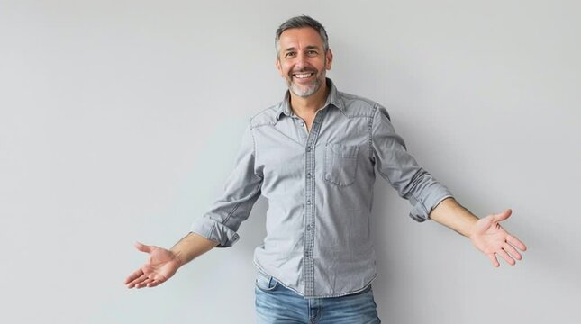 Friendly Gesture of a Smiling Man: A middle-aged man with a warm smile extends his arms in a welcoming gesture, exuding friendliness, approachability, and genuine happiness.