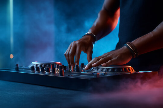Hands actively adjusting controls on DJ controller in an atmospheric setting. Vibrant smoke and colorful lights create an energetic vibe. Concept of nightlife, entertainment, music events