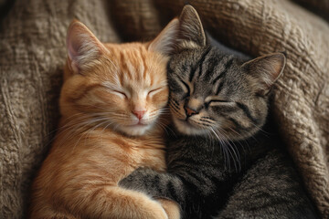 Obraz premium Two cute kittens are sleeping, hugging each other, on a soft knitted blanket. 
