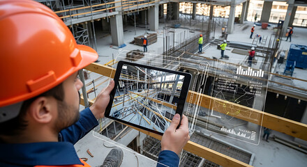 Construction worker using tablet with augmented reality interface on building site for inspection