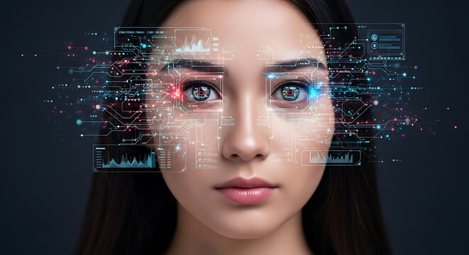Woman's face with digital interface overlay showing futuristic technology and data visualization around her eyes - Powered by Adobe