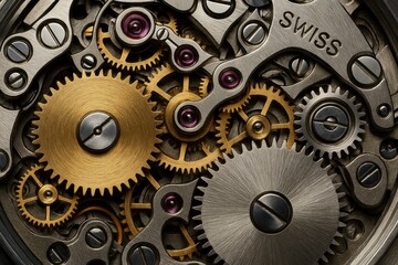Intricate Swiss mechanical watch movement showing precision gears and craftsmanship in luxury timepiece engineering detail
