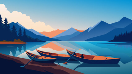 Serene Mountain Lake Tranquil Boats at Dawn, Peaceful Landscape Illustration