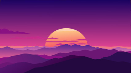 Fototapeta premium Vibrant Sunset Landscape Purple Mountains and Golden Sun