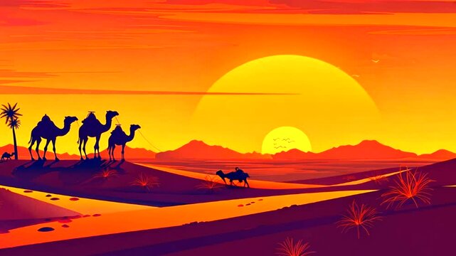 Desert sunset with camels