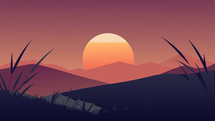 Serene Sunset Landscape Minimalist Mountain Range Silhouette at Dusk