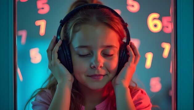 Autistic girl wearing headphones with eyes closed surrounded by colorful numbers symbolizing hyperfocus hyperlexia and sensory harmony