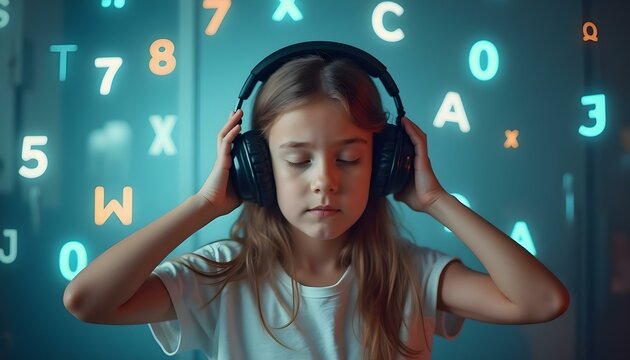 Autistic girl wearing headphones with eyes closed surrounded by colorful numbers symbolizing hyperfocus hyperlexia and sensory harmony