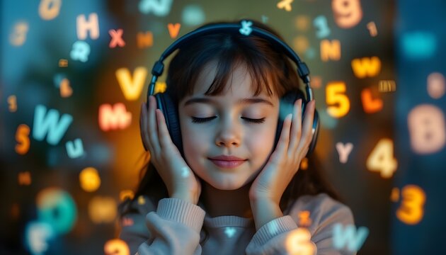 Autistic girl wearing headphones with eyes closed surrounded by colorful numbers symbolizing hyperfocus hyperlexia and sensory harmony