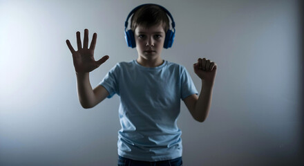 Fototapeta premium Autistic boy wearing blue noise cancelling headphones pressing palms on wet glass barrier expressing sensory overload and social isolation