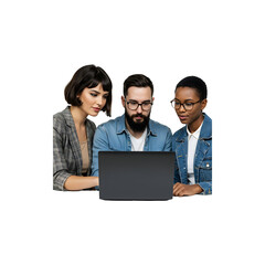 Team of Business Professionals Collaborating Over Laptop on White Background