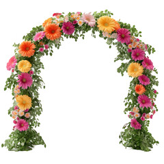 Colorful floral arch adorned with vibrant flowers, set in a serene outdoor garden for celebrations