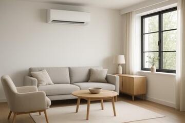 Fototapeta premium Modern living room interior featuring efficient split-system air conditioning unit maintaining comfortable home temperature during summer heat
