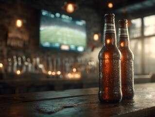 Two cold beer bottles stand on a wood bar near a tv showing a sporting event inside a cozy pub setting.