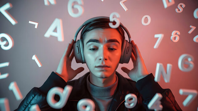Autistic boy wearing headphones smiling with floating numbers and shapes representing sensory focus hyperlexia and developmental diversity
