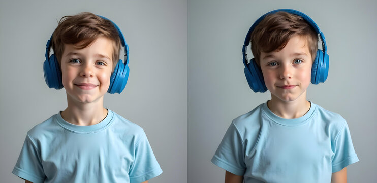 Autistic boy wearing blue headphones in split image with contrasting facial expressions symbolizing emotional variance and inner focus