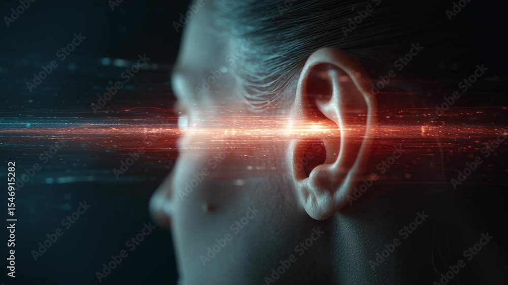 Poster digital orange data stream flowing into woman's ear, visualizing neural interface technology and fut