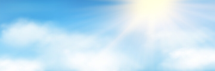 Sun rays, realistic white fluffy clouds on light blue pastel colored sky background. Summer cloudy sunrise or sunset sky. Bright sunlight in fine weather. Sunny heaven landscape. Vector illustration