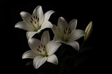 Fototapeta premium Elegant white lilies memorial arrangement with soft lighting against dark background for remembrance