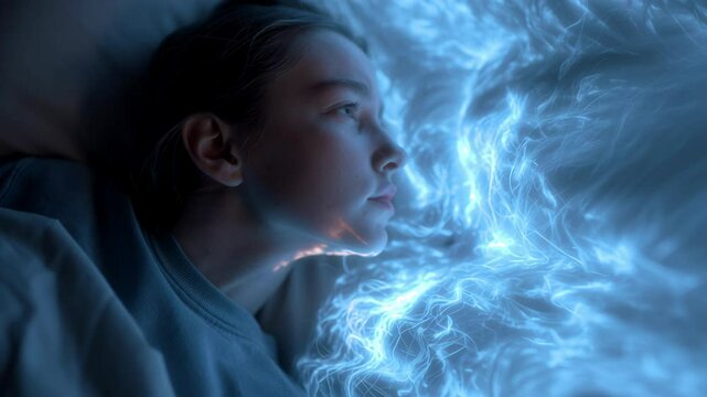 Peaceful young girl sleeping soundly in bed with a mysterious blue glow emanating from her head, suggesting deep dreaming or psychic abilities