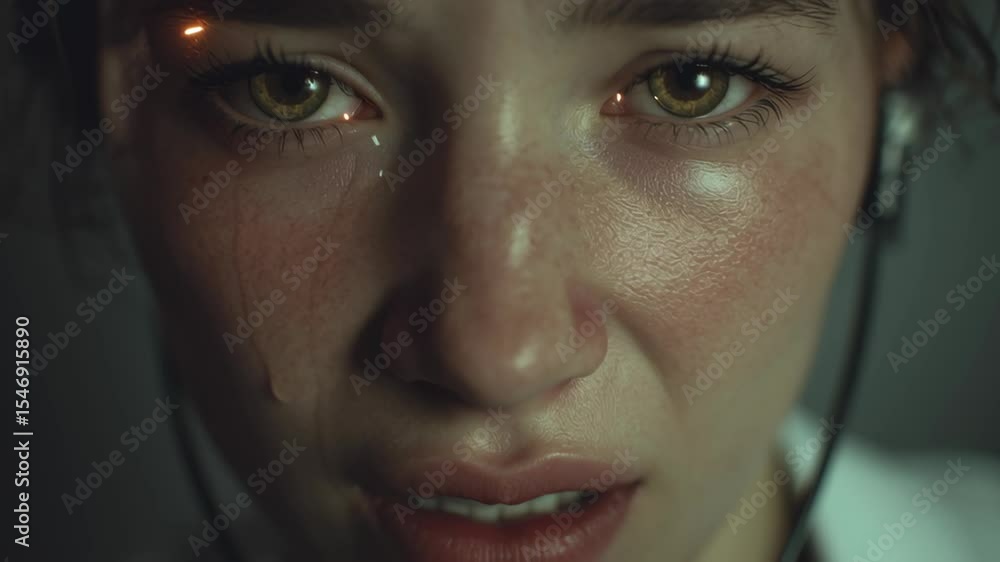 Poster scientist with futuristic implants cries, tears streaming down her face, conveying a sense of despai