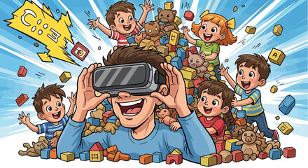 Father's day virtual reality vr gaming experience with children and toys for education and entertainment concept art vector