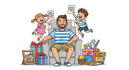Father's day happy father's day celebration with kids gifts and love cartoon illustration special family holiday moment vector