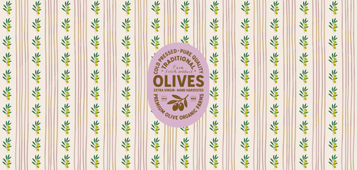 Obraz na płótnie Canvas Olive Grove Repeat. Description: Seamless vector pattern with olive branches and stripes. Perfect for backgrounds, textiles, packaging, and more. Organic feel.
