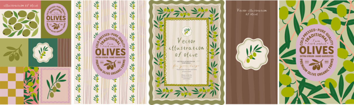 Olives. Summer italian and french mediterranean olive illustrations, vintage invitation, olive oil label, packaging, print, logo, seamless pattern for background, card and poster