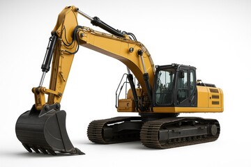 Heavy construction excavator with bright yellow paint job isolated on clean white studio background