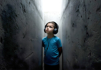 Obraz premium Autistic child boy with noise cancelling headphones in narrow concrete space showing social, emotional and sensory isolation, limited perception and hypersensitivity