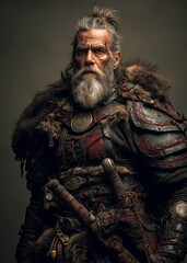 Majestic Warrior Adorned in Fur and Armor Stands Proudly in a Dimly Lit Lair Evoking an Air of Ancient Strength and Resilience
