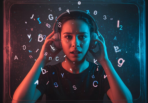 Autistic woman wearing headphones immersed in abstract letter swarm symbolizing sensory overload and hyperlexia