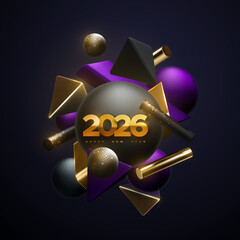 Happy New 2026 Year. Holiday vector illustration golden numbers 2026 and abstract geometric 3d shapes. Festive poster or banner design. NYE party invitation